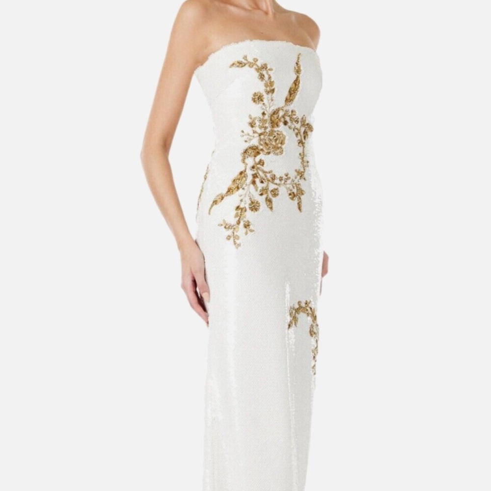 Monique Luhullier Elegant White and Gold Embellished Evening Gown